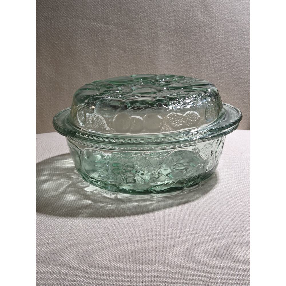 Vintage Libbey Orchard Fruit Green Glass 2-in-1 Casserole